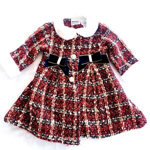 Blueberry Boulevard Baby Girls 18M Red Holiday Plaid Tweed Faux Fur Trimmed Coat